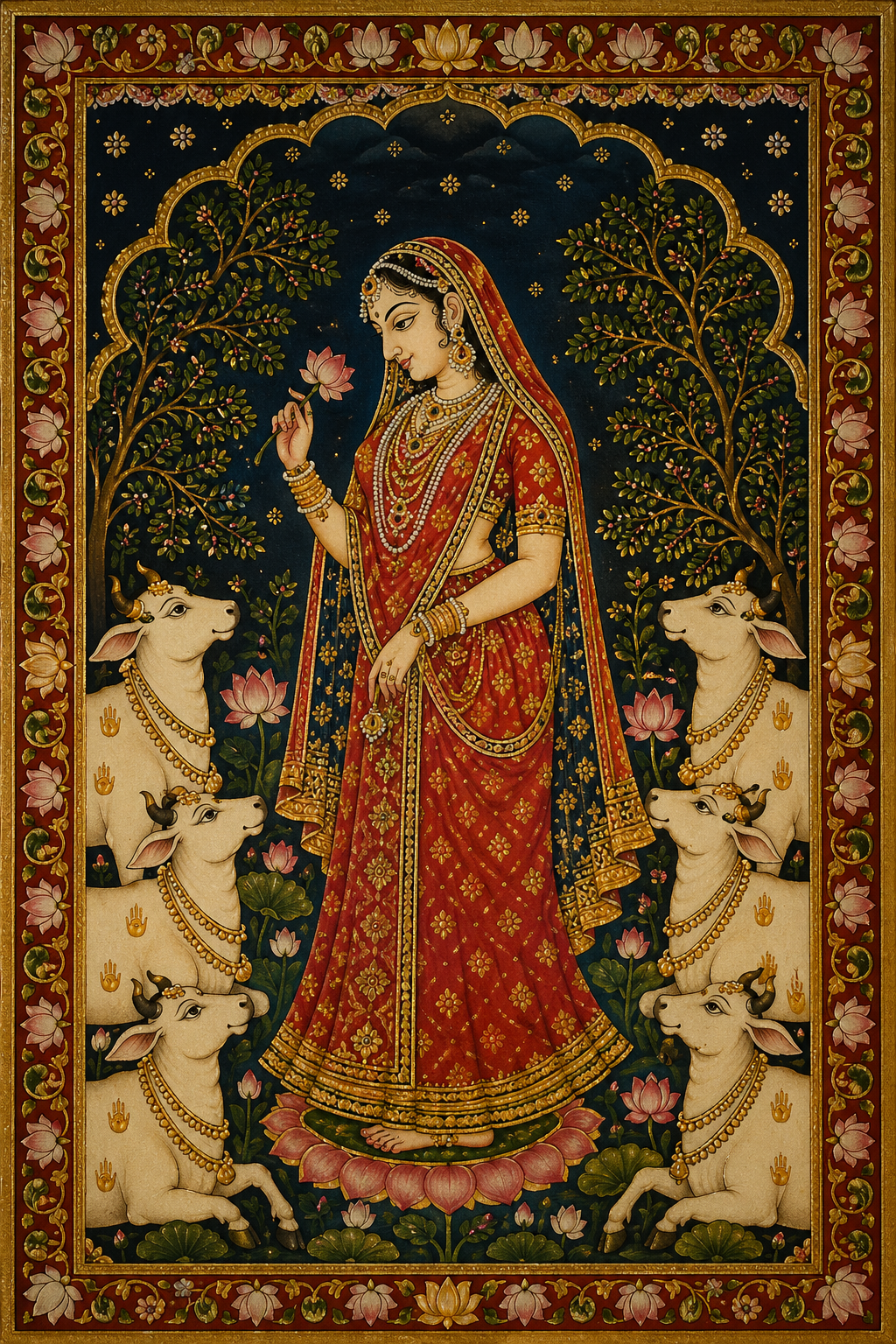 Radha Rani in traditional Pichwai painting style among cows and lotus flowers on dark background with decorative border — HD wallpaper